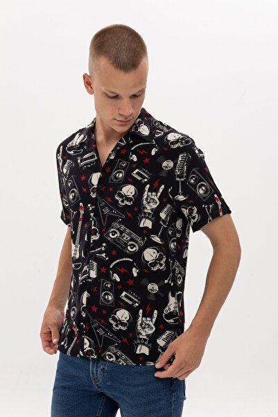 S-Ponder Men's Skull Patterned Viscose Short Sleeve Rock'N Roll Shirt