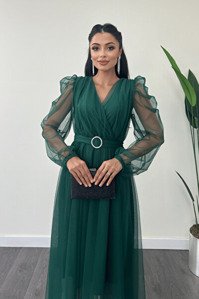 giyimmasalı Tül Kumaş Kruvaze Yaka Taş Kemer Detaylı Elbise - ZÜMRÜT YEŞİL