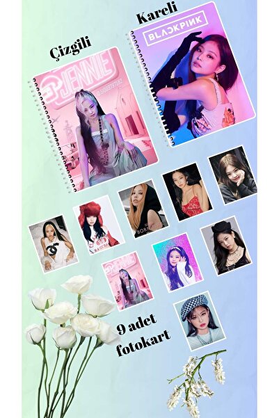 animeandyourworld jennie blackpink defter 2 adet  çizgili ve kareli + 9 adet fotokart seti