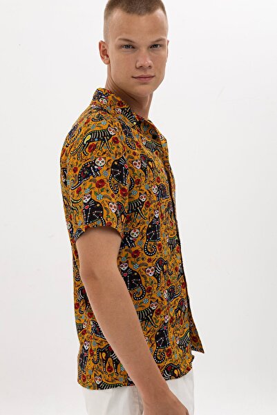 S-Ponder Men's Cat and Rose Patterned 100% Viscose Short Sleeve Shirt