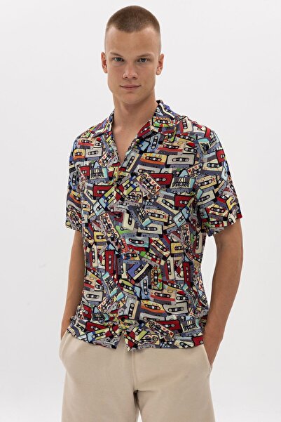 S-Ponder 100% Viscose Cassette Patterned Men's Short Sleeve Shirt