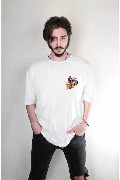 Darkia White Oversize Biker Printed Double Sided T-shirt
