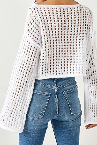 Devinka Γυναικεία Πλεκτή Μπλούζα με φαρδύ ισπανικό λευκό μανίκι με ανοιχτό διάτρητο φαρδύ διάτρητο Crop
