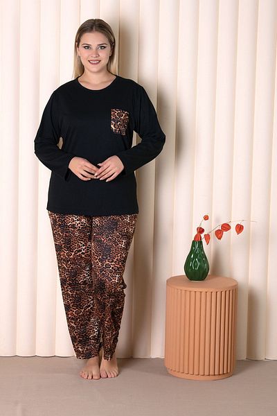 MyBen Large Size Black Colored Leopard Patterned Pocketed Long Sleeve Battal Pajama Set B-4