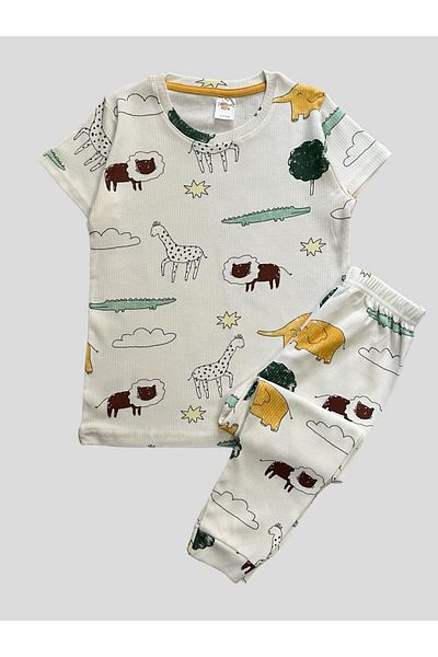 elmas kids Set de pijamale de vară cu mânecă scurtă din bumbac alb cu model Safari pentru băiat