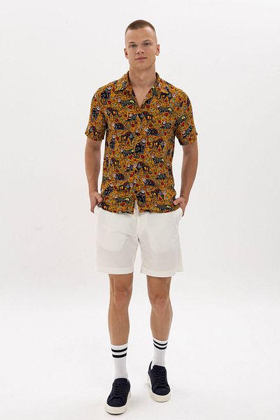 S-Ponder Men's Cat and Rose Patterned 100% Viscose Short Sleeve Shirt