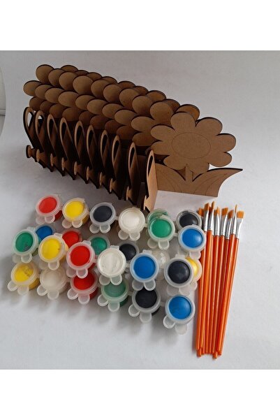 Ebrulisler 10 Çiçek Su Kabı Ahşap Boyama 5 Boya 10 Fırça Anneler Günü Etkinli...