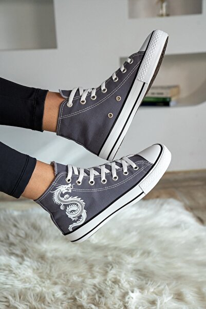 Shupe Women's Smoked Gray Dragon Printed High-Top Model Linen Sneaker