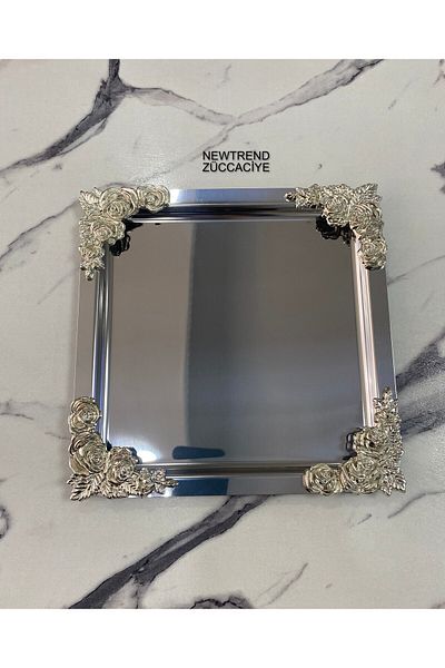 NEWTREND Züccaciye Luxury Silver Flower CoatinG - 4 Corner Presentation Tray, Tea, Coffee, Treat ServinG, 21x21