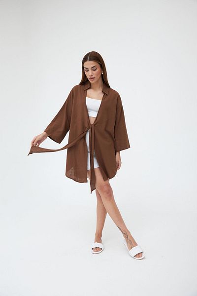Laluvia Coffee Flam Leinen-Kimono-Shirt