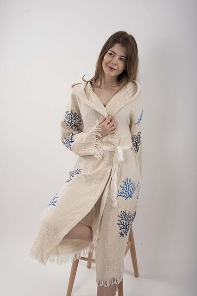 REİNA TEKS Peshtemal Bathrobe Pareo Cotton Beach Coral Tree of Life Patterned 1 Piece Unisex Beachwear Kimono Kaftan