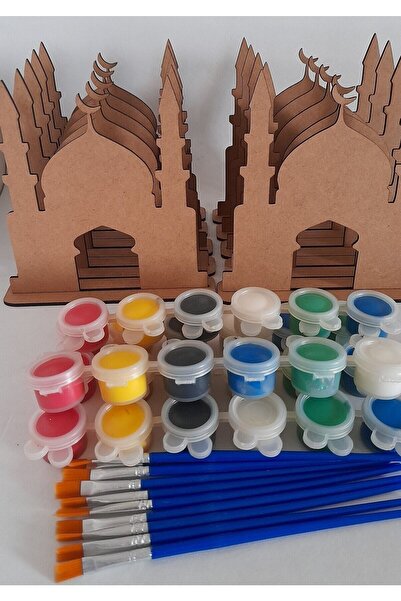 Ebrulisler 10 Cami Maket Ahşap Boyama Dini Aktivite Okul Kurs Etkinlik 5 Boya 10 Fırça Hobi Seti