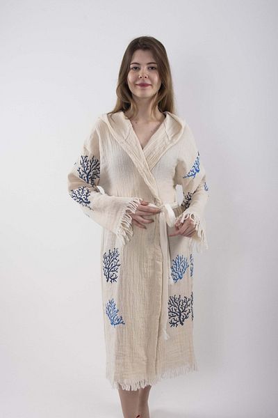 REİNA TEKS Peshtemal Bathrobe Pareo Cotton Beach Coral Tree of Life Patterned 1 Piece Unisex Beachwear Kimono Kaftan