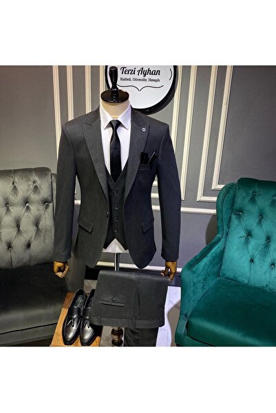 Terziayhan Καπνιστό κοστούμι Slimfit σετ κοστούμι με γιλέκο με 5 κουμπιά