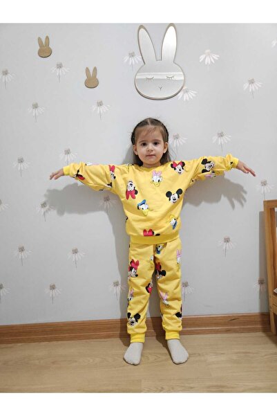 BUUFUU Sárga nyomtatott hosszú ujjú alsó felső dupla gyerek öltöny 2-8 éves korig