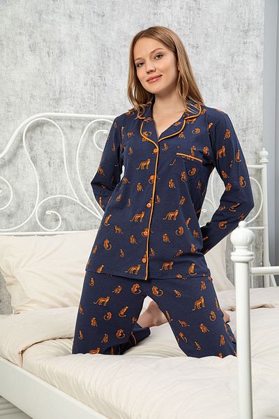MyBen Women's Navy Blue Colored Cotton Lycra Buttoned Leopard Patterned Pijama Set 10037