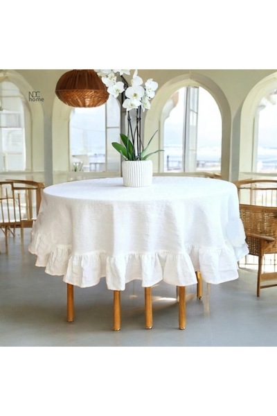 NDC HOME Față de masă rotundă cu volane din in alb premium