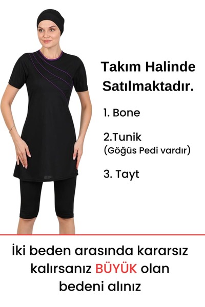 İncy Biyeli Likralı Kısa Kollu Yarım Kapalı Tesettür Mayo Takım Siyah