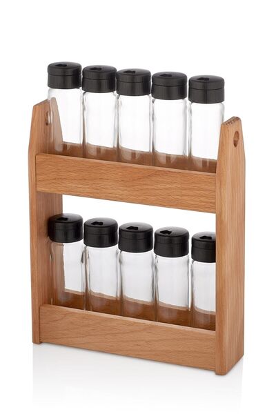 woodsy Twin 10-Piece Glass Spice Jar Set |   With Beech Wood Stand |   Modern & Stylish Kitchen Organizer