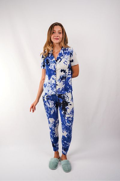 Butik Set de pijamale cu model batik albastru alb