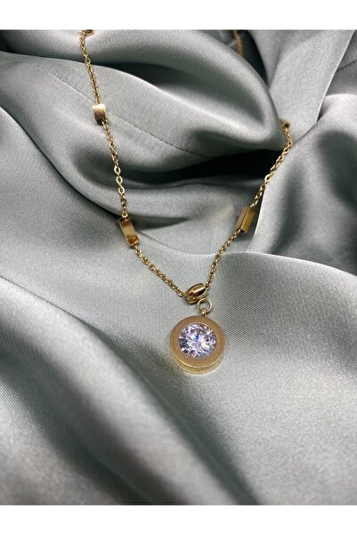 stainless steell Çelik Gold Yuvarlak Taşlı Kolye