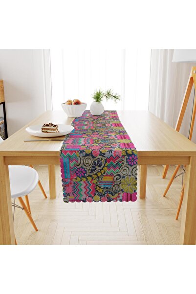 benimol Geometrik Desenli Fuşya Sarı Kadife Dokulu Runner 40x180