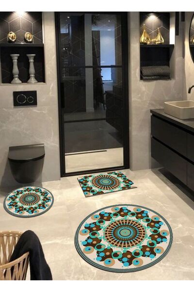 Ardizayn Positano Set of 3 - Non-Slip and Cotton Based Round Bath Rug (100x100-60x60-40x60 cm)