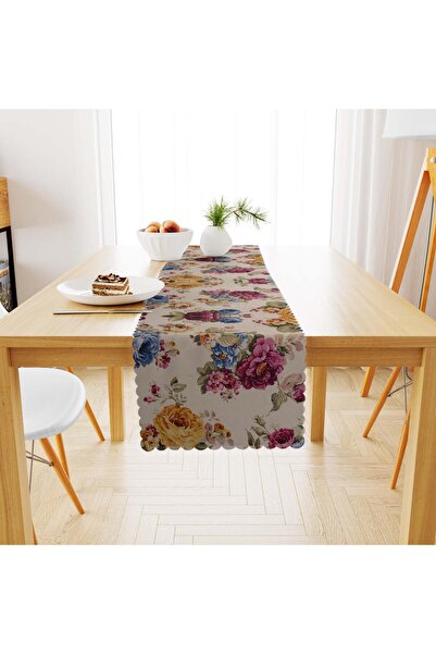 benimol Büyük Gül Desenli Sarı Mürdüm Dijital Baskılı Süet Dokuma Runner 40x140