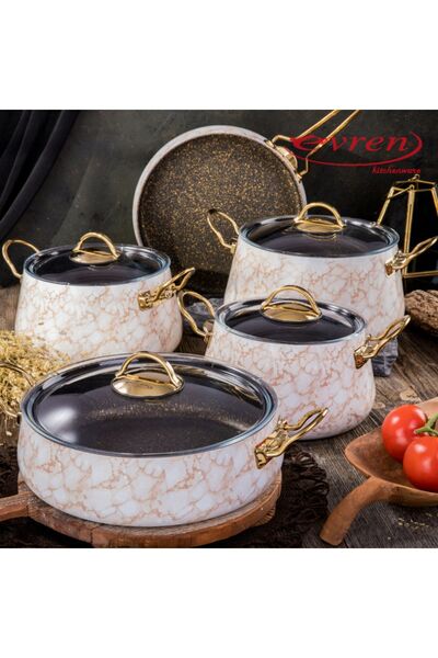 Evren 9 Parça Brown Taş Mermer Desenli Lüks Bakraç Tencere Seti