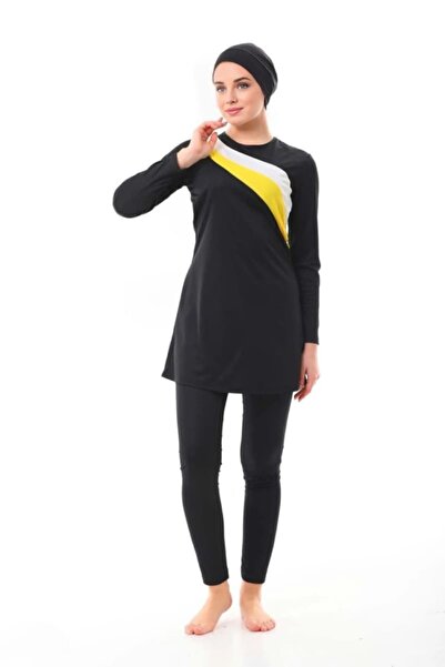 İncy Sarı Şeritli Likralı Uzun Kollu Tam Kapalı Tesettür Mayo Takım