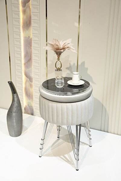 Sare Home Bianco Metal Ayaklı Puflu Sehpa Krom Bej (CHROME BEİGE)