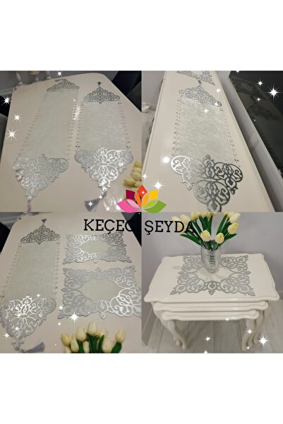 KEÇECİ ŞEYDA Runner/ranır/Kadife Krem Gümüş Deri Işlemeli Salon Takımı 6 Parça (masa,konsol,orta sehpa,3 pecete)