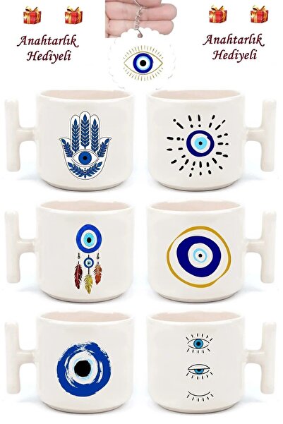 Pan Dükkan Nazar Boncuklu Göz Baskılı 6'lı El yapımı T Kulplu Fincan