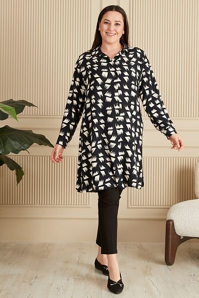 Ferace Women's Hijab Plus Size Brush Patterned Long Shirt Tunic
