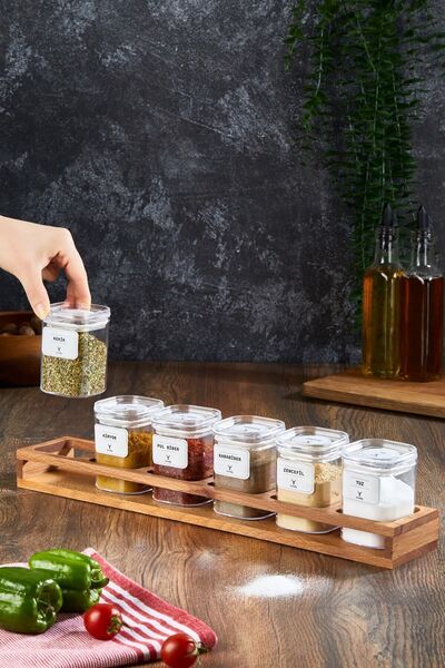 woodsy 6-Piece Spice Jar Set, Spice Bowl with Wooden Stand 200 Ml, 24 Pieces Spice Labels