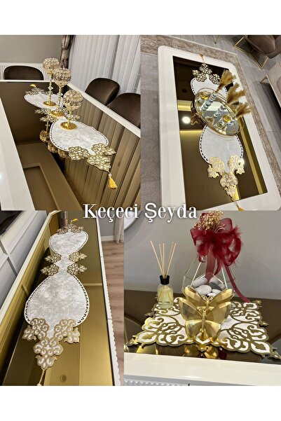 KEÇECİ ŞEYDA Runner/ranır/Kadife Krem Gold Deri Işlemeli Salon Takımı 6 Parça...