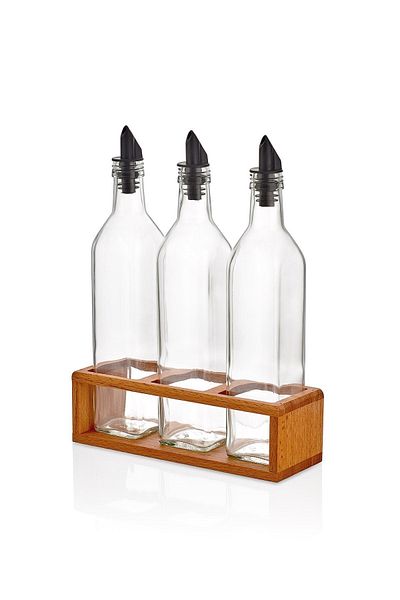 woodsy 3-Piece Oil Pot Set 500 ml, Oil Pot Vinegar with Wooden Stand