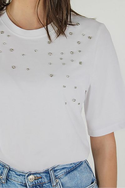 ONLY Tricou de damă 100% bumbac cu detalii de piatră albă - decolteu rotund 15324847