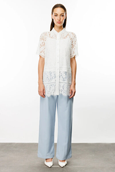 Ekol Екрю жіноча туніка - з мереживними деталями, на ґудзиках, з короткими рукавами 5100