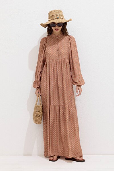 Manuka Floral Orange Viscose Balloon Sleeve Dress