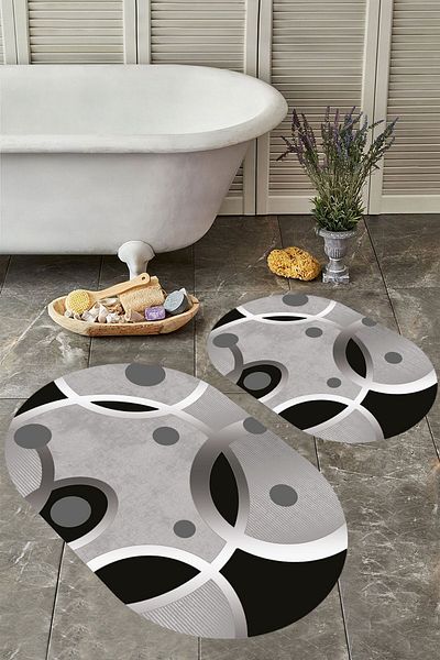 YTR HOME Αντιολισθητική βάση, πλενόμενη σκόνη, ανθεκτική σε λεκέδες, σετ 2 τεμαχίων, οβάλ χαλάκι μπάνιου