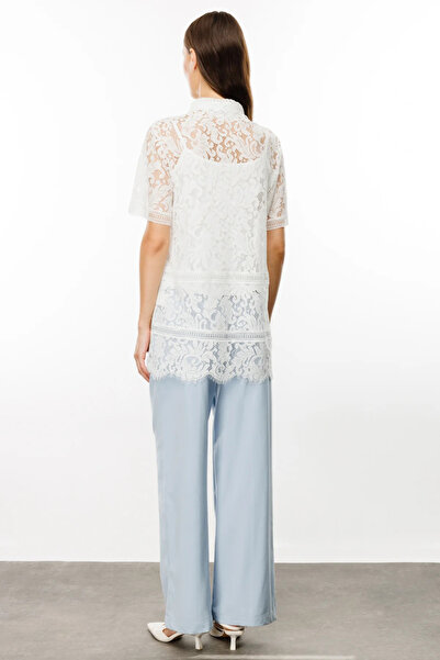 Ekol Екрю жіноча туніка - з мереживними деталями, на ґудзиках, з короткими рукавами 5100