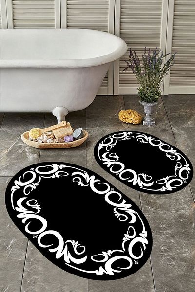 YTR HOME Αντιολισθητική βάση, πλενόμενη σκόνη, ανθεκτική σε λεκέδες, σετ 2 τεμαχίων, οβάλ χαλάκι μπάνιου