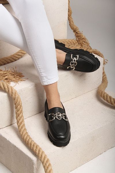 Gusse Women's Black Genuine Leather Loafer Shoes