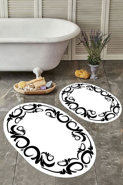 YTR HOME Αντιολισθητική βάση, πλενόμενη σκόνη, ανθεκτική σε λεκέδες, σετ 2 τεμαχίων, οβάλ χαλάκι μπάνιου