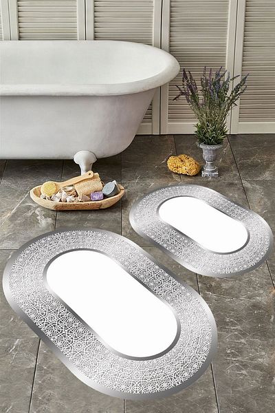 YTR HOME Αντιολισθητική βάση, πλενόμενη σκόνη, ανθεκτική σε λεκέδες, σετ 2 τεμαχίων, οβάλ χαλάκι μπάνιου