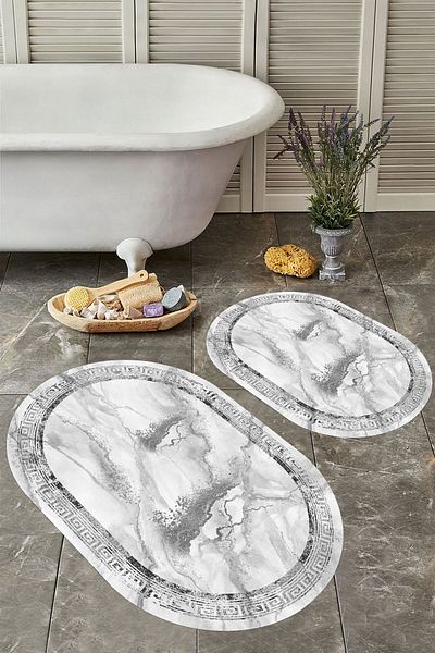 YTR HOME Αντιολισθητική βάση, πλενόμενη σκόνη, ανθεκτική σε λεκέδες, σετ 2 τεμαχίων, οβάλ χαλάκι μπάνιου