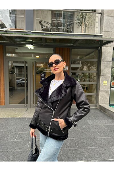 MEECY Women's Leather Suede Coat Jacket with Ribbed Belt Detail