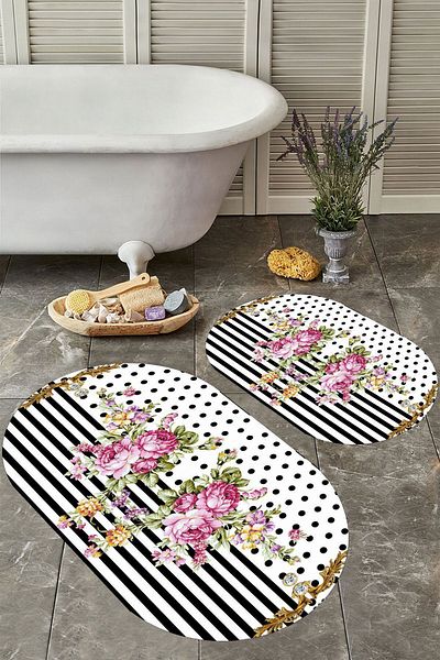 YTR HOME Αντιολισθητική βάση, πλενόμενη σκόνη, ανθεκτική σε λεκέδες, σετ 2 τεμαχίων, οβάλ χαλάκι μπάνιου