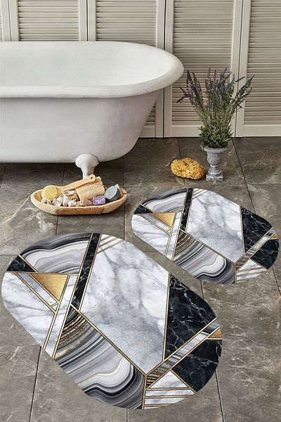 YTR HOME Αντιολισθητική βάση, πλενόμενη σκόνη, ανθεκτική σε λεκέδες, σετ 2 τεμαχίων, οβάλ χαλάκι μπάνιου
